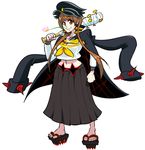  1girl alternate_costume banchou baseball_bat brown_eyes brown_hair cabbie_hat clenched_hand crop_top crop_top_overhang flower full_body gakuran geta hat highres jacket_on_shoulders kill_la_kill long_skirt mankanshoku_mako mankanshoku_mako_(cosplay) mouth_hold nail nail_bat navel nisekoi over_shoulder parody school_uniform short_hair skirt smile solo spikes spoilers tachibana_marika toes triple-q weapon weapon_over_shoulder 