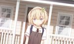  artist_name backpack bag blonde_hair blouse blue_eyes blurry building depth_of_field door dutch_angle hair_ornament highres house leaf_hair_ornament looking_at_viewer looking_up magicians_(zhkahogigzkh) original outdoors railing short_hair smile solo window 