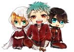  aqua_hair black_hair blonde_hair blue_eyes chibi full_body geta green_eyes hood horikawa_kunihiro leg_hug male_focus mayoko_na_kuroneko multiple_boys open_mouth red_eyes seiza sitting smile touken_ranbu track_suit yamabushi_kunihiro yamanbagiri_kunihiro 