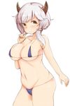  bikini blue_bikini breasts brown_eyes camieux draph granblue_fantasy groin horns large_breasts looking_at_viewer micro_bikini navel pout ryuu. silver_hair simple_background solo swimsuit thighs white_background 