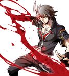  blazblue blazblue:_bloodedge_experience blazblue:_central_fiction blood gloves glowing glowing_eye heterochromia kaneaki_mukku male_focus mismatched_gloves naoto_kurogane red_eyes silver_hair solo 