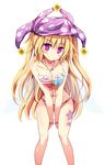  adapted_costume american_flag_bikini bikini blonde_hair breasts clownpiece crazy_eyes fairy_wings flag_print hat highres jester_cap jewelry layered_bikini long_hair maturiuta_sorato medium_breasts navel necklace pink_eyes solo strapless strapless_bikini swimsuit tattoo thigh_gap touhou wings 