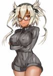  alternate_costume blonde_hair bottomless breast_hold breasts brown_eyes casual covered_nipples dark_skin frown glasses headgear hi_nomase_ijin highres kantai_collection large_breasts long_hair long_sleeves looking_at_viewer musashi_(kantai_collection) naked_sweater no_pants pointy_hair ribbed_sweater semi-rimless_eyewear simple_background solo sweater turtleneck twintails two_side_up under-rim_eyewear upper_body white_background 
