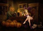  1girl ankle_boots bare_shoulders blonde_hair book boot_removed boots bottle breasts candle candlelight carrying cleavage crossed_legs deneb_rove drawdragon dress gloves hat holding holding_pipe indoors inkwell jack-o'-lantern lamp large_breasts leaning_forward legs long_hair looking_at_another microdress open_book pipe pumpkin pumpkinhead_(ogre_battle) purple_dress purple_footwear purple_gloves purple_hat quill revision scroll shelf shoes single_shoe sitting smile smoking strapless strapless_dress sword table tactics_ogre taut_clothes taut_dress thighs toes tunic weapon witch witch_hat yellow_eyes 