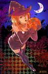  artist_name bare_shoulders boots breasts checkered checkered_background cleavage crescent_moon deneb_rove dress earrings elbow_gloves floral_background gloves hat holding_pumpkin ideissai jewelry leaning_forward lips long_hair looking_to_the_side medium_breasts microdress moon night ogre_battle open_mouth orange_eyes orange_hair pumpkin purple_dress purple_footwear purple_gloves purple_hat sky solo star star_earrings strapless strapless_dress texture thigh_boots thighhighs witch witch_hat zettai_ryouiki 