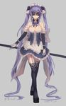  absurdly_long_hair black_legwear blindfold blue_hair breasts bzerox cleavage full_body garter_straps gloves grey_background highres long_hair maid maid_headdress medium_breasts original polearm simple_background solo thighhighs twintails very_long_hair weapon white_gloves 
