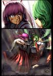  absurdres battle blood blood_on_face blood_splatter bow bruise clock green_hair hair_bow hakurei_reimu hakurei_reimu_(pc-98) highres impaled injury japanese_clothes kazami_yuuka kazami_yuuka_(pc-98) kikimifukuri long_hair multiple_girls plaid purple_hair red_eyes short_hair touhou touhou_(pc-98) watch 