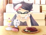  ^_^ aliasing aori_(splatoon) bangs bare_shoulders black_hair blush bow chin_rest closed_eyes detached_collar earrings facing_viewer feeding food food_on_head fork gloves hair_bow hair_ornament hand_on_own_cheek hinata_mirun holding holding_fork ice_cream indoors jewelry long_hair meat mole mole_under_eye object_on_head parfait plate pointy_ears pov_across_table pov_feeding restaurant saucer signature sitting smile solo splatoon_(series) splatoon_1 strapless swept_bangs table tentacle_hair whipped_cream white_gloves 