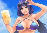  alcohol alva beer beer_mug bikini blue_bikini breasts cleavage cup eyewear_on_head green_eyes holding holding_cup large_breasts lips long_hair love_live! love_live!_school_idol_project low_twintails parted_lips purple_hair solo sunglasses swimsuit toujou_nozomi twintails 