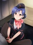  1girl airplane_interior blue_hair blush brown_eyes crotch_grab flight_attendant garrison_cap hair_bun hair_up hand_on_another's_crotch hat hetero highres idolmaster idolmaster_(classic) idolmaster_million_live! kaiga kisaragi_chihaya scarf sitting smile stewardess uniform 