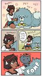  ajna_(indivisible) ankle_wrap barefoot beads cat comic commentary dog emlan english highres indivisible lanshi_(indivisible) mike_z's_cat 