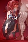  1girl bare_shoulders black_gloves black_legwear black_skirt clothed_female_nude_male collared_shirt elbow_gloves fellatio fingerless_gloves gloves hairband heart heart-shaped_pupils hetero highres kantai_collection kawakaze_(kantai_collection) leg_hair long_hair low_twintails nude oral penis pussy_juice red_hair shirt skirt sleeveless sleeveless_shirt squatting stray_pubic_hair sweat symbol-shaped_pupils thighhighs twintails very_long_hair wanaata 
