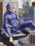  2015 anthro avian balls beak blue_eyes blue_feathers building city cloud destruction falco_lombardi feathers fox_mccloud handjob headset humanoid_penis macro male masturbation nintendo nude outside penis red_feathers scales sitting size_difference sky smoke solo spectrumshift spread_legs spreading star_fox video_games wolf_o&#039;donnell yellow_scales 