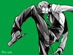  blazblue closed_eyes green_background hazama heel_blade kaneaki_mukku male_focus monochrome necktie no_hat no_headwear solo standing standing_on_one_leg twitter_username waistcoat weapon 