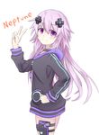  adult_neptune character_name d-pad d-pad_hair_ornament gun hair_ornament highres holster long_hair looking_at_viewer looking_to_the_side neptune_(series) purple_eyes purple_hair rafu_(surukusya) shin_jigen_game_neptune_vii smile solo thigh_holster v weapon 