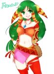 :d arm_behind_back breasts character_name cleavage feena_(grandia) grandia grandia_i green_eyes green_hair hair_ornament hair_tubes jewelry long_hair low-tied_long_hair midriff navel open_mouth red_legwear simple_background skirt small_breasts smile solo thighhighs tokitubo very_long_hair white_background 