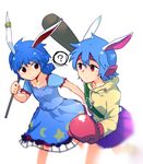  animal_ears blue_dress blue_hair boxing_gloves bunny_(trickster) bunny_ears dress ear_clip kine long_hair look-alike mallet multiple_girls puffy_sleeves red_eyes seiran_(touhou) shikushiku_(amamori_weekly) short_hair short_sleeves skirt touhou trickster 