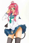 ahoge bespectacled blush breasts commentary_request demon_tail glasses green_eyes hair_ornament lala_satalin_deviluke long_hair looking_at_viewer medium_breasts monidai open_mouth peke pink_hair school_uniform serafuku smile solo tail thighhighs to_love-ru 