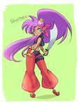  ass bandana bandeau blue_eyes bracer character_name cutlass_(sword) earrings from_behind full_body harem_pants jewelry long_hair looking_back midriff pants pointy_ears ponytail purple_hair rinta_(rintan) shantae_(character) shantae_(series) shantae_and_the_pirate's_curse shoes simple_background smile solo sword very_long_hair vest weapon 