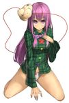  absurdres bangs blush bow breasts collared_shirt expressionless full_body hand_on_own_chest hata_no_kokoro highres kneeling long_hair long_sleeves looking_at_viewer mask oruka_(kamituki0827) panties plaid plaid_shirt purple_eyes purple_hair shirt simple_background small_breasts solo thighs touhou underwear very_long_hair white_background white_panties 