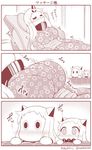  3koma alternate_costume blush closed_eyes comic commentary contemporary covered_mouth horn horns kantai_collection massage_chair mittens monochrome moomin multiple_girls muppo northern_ocean_hime nose_blush seaport_hime shinkaisei-kan translated twitter_username yamato_nadeshiko |_| 