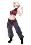  baggy_pants belt blonde_hair blue_eyes blue_mary breasts covered_nipples crop_top fatal_fury full_body groin highres johan_(johan13) large_breasts midriff multiple_belts navel pants short_hair skin_tight sleeveless sleeveless_turtleneck solo the_king_of_fighters turtleneck 