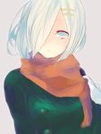  alternate_costume bad_id bad_pixiv_id breasts coat gloves grey_background grey_hair hair_ornament hair_over_one_eye hairclip hamakaze_(kantai_collection) kantai_collection koruku_(luk_v) large_breasts red_scarf scarf short_hair simple_background solo white_eyes white_gloves white_hair 