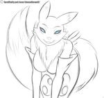  2015 anthro bent_over black_sclera blue_eyes bottomless breasts clothed clothing digimon doomthewolf english_text featureless_breasts fur gloves half-closed_eyes half-dressed looking_at_viewer markings open_mouth renamon simple_background sketch slit_pupils smile solo teeth text topless tuft white_background 