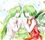  ao-shiba ascot checkered checkered_vest green_hair green_wings hands_together hat kazami_yuuka kazami_yuuka_(pc-98) long_hair multiple_girls nightcap petals red_eyes seihou short_hair steepled_fingers symmetrical_pose time_paradox touhou vest wings 