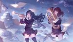  aircraft airplane artist_name bird black_hair blue_sky brown_eyes brown_hair cloud cloudy_sky commentary_request condensation_trail copyright_name cowboy_shot euphonium hibike!_euphonium instrument jet kousaka_reina long_hair long_sleeves miniskirt multiple_girls music neckerchief oumae_kumiko outdoors paper pigeon playing_instrument purple_eyes red_neckwear school_uniform serafuku short_hair skirt sky standing thighhighs thighs trumpet usanekorin wavy_hair wind 