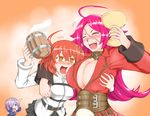 @_@ absurdres ahoge beer_mug breast_grab breast_press breasts chaldea_uniform chibi cleavage corset cup drooling drunk fate/extra fate/grand_order fate_(series) francis_drake_(fate) fujimaru_ritsuka_(female) grabbing grail highres holding holding_cup huge_breasts mash_kyrielight medium_breasts multiple_girls sang_youmu scar 