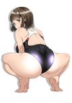  ass bare_shoulders barefoot breasts brown_hair competition_swimsuit full_body highres large_breasts one-piece_swimsuit original satsuki_imonet short_hair simple_background solo squatting swimsuit thighs white_background 