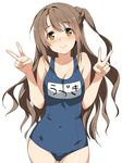  bare_shoulders blush breasts brown_eyes brown_hair cleavage collarbone covered_navel double_v idolmaster idolmaster_cinderella_girls inue_shinsuke long_hair medium_breasts name_tag one-piece_swimsuit one_side_up school_swimsuit shimamura_uzuki simple_background smile solo swimsuit v white_background 