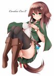  animal_ears ass bad_id bad_pixiv_id belt black_legwear boots breasts brown_hair covered_nipples full_body green_eyes hair_ornament high_heels highres inaba_sunimi long_hair looking_at_viewer medium_breasts original panties pantyshot potion simple_background smile solo tail thighhighs underwear white_background white_panties 