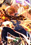  abs bald belt black_sclera cape clenched_hand cyborg embers fire foreshortening genos gloves highres male_focus multiple_boys one-punch_man saitama_(one-punch_man) skin_tight swordsouls yellow_eyes 