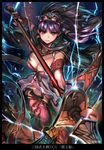  armor bikini_armor breasts cape cleavage commentary_request electricity fingernails gauntlets headgear large_breasts letterboxed long_hair looking_at_viewer polearm purple_hair sangokushi_taisen sasaoka_gungu solo spear weapon yellow_eyes 