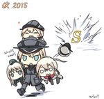  &gt;_&lt; 4girls bismarck_(kantai_collection) blonde_hair blue_eyes blush_stickers boots capelet carrying carrying_under_arm chibi closed_eyes dated gameplay_mechanics german graf_zeppelin_(kantai_collection) grey_footwear grey_legwear hat heart jitome kantai_collection letter multiple_girls o_o on_head open_mouth peaked_cap prinz_eugen_(kantai_collection) rexlent running smile spoken_heart sweat thighhighs translated u-511_(kantai_collection) 