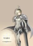  armor blonde_hair bodysuit cape character_name clare_(claymore) claymore claymore_(sword) collarbone copyright_name engrish highres huge_weapon kobaku pauldrons ranguage shadow silver_eyes simple_background solo weapon 
