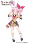  absurdres brave_sword_x_blaze_soul breasts cardigan double_v elbow_pads full_body grin hair_ribbon highres looking_at_viewer loose_socks morino_donguri mushroom one_eye_closed open_mouth pink_hair ribbon short_hair small_breasts smile socks solo v yellow_eyes 