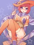  ass blush breasts cleavage folks_(nabokof) gauntlets halloween halloween_costume hat hat_ornament highres jack-o'-lantern large_breasts looking_at_viewer nel_zelpher open_mouth pointing purple_eyes red_hair scarf short_hair solo star star_ocean star_ocean_till_the_end_of_time starry_background striped striped_scarf tattoo thighhighs witch_hat 