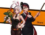  absurdres alternate_costume artist_name bad_id bad_pixiv_id bare_shoulders battle_bunny_riven bespectacled black_hair blue_eyes breasts broken broken_sword broken_weapon bunny_girl bunnysuit destiny_yama fiora_laurent glasses hair_over_one_eye hair_up headmistress_fiora highres large_breasts league_of_legends lips lipstick looking_at_viewer makeup multicolored_hair multiple_girls pantyhose parted_lips red_hair riven_(league_of_legends) short_hair silver_hair sword weapon yellow_eyes 