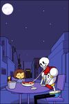  1other androgynous animated animated_gif bone bucket building capelet christian_john_sanchez eating food frisk_(undertale) full_moon gloves lady_and_the_tramp moon night papyrus_(undertale) parody pasta pixel_art plate red_gloves sitting skeleton spaghetti sparkle star_(sky) table undertale 