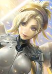  artist_name blonde_hair blue_eyes breasts face light_smile lips long_hair mechanical_halo mechanical_wings medium_breasts mercy_(overwatch) overwatch signature sinobilante solo watermark wings 