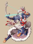  arrow bow_(weapon) brown_background drawing_bow fire_emblem fire_emblem_if full_body fuujin_yumi gloves grey_hair holding holding_arrow holding_bow_(weapon) holding_weapon long_hair male_focus nostalish open_mouth orange_eyes ponytail simple_background solo takumi_(fire_emblem_if) weapon yumi_(bow) 