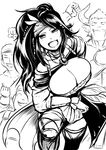  :d bent_over breasts cleavage granblue_fantasy greyscale highres kanno_takanori large_breasts long_hair monochrome older open_mouth sig_(granblue_fantasy) simple_background smile solo white_background 