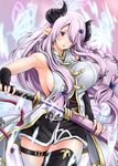  armpits bare_shoulders black_gloves blue_eyes blush breasts cleavage demon_horns draph fingerless_gloves gloves granblue_fantasy hair_over_one_eye horns kimura_neito large_breasts lavender_hair long_hair looking_at_viewer narmaya_(granblue_fantasy) open_mouth pointy_ears sideboob single_thighhigh solo sword thighhighs weapon 
