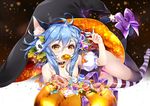  2015 acorn animal_ears antenna_hair arm_up artist_name bangs bare_shoulders berries black_legwear blue_hair blush bow breasts bunny candy cat_ears cat_tail collar doughnut eyeball eyelashes fang fingernails food hair_between_eyes hair_ornament halloween hand_in_hair hat hieihirai jack-o'-lantern knees_together_feet_apart konpeitou leaf leaf_hair_ornament lollipop looking_at_viewer lying macaron miniskirt mismatched_legwear mouth_hold nipple_slip nipples no_bra off_shoulder on_side puffy_short_sleeves puffy_sleeves pumpkin short_sleeves sidelocks skirt skull skull_hair_ornament small_breasts solo star starry_background striped striped_legwear tail tail_bow thigh_gap thighhighs witch witch_hat 