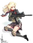  assault_rifle black_legwear blazer blonde_hair freckles full_body gloves gun jacket knee_pads kws laser_sight loafers long_hair magazine_(weapon) military open_mouth original plaid plaid_scarf plaid_skirt red_eyes rifle scarf school_uniform scope shoes simple_background skirt solo sr-47 trigger_discipline weapon white_background 