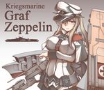  blonde_hair breast_hold breasts capelet character_name covered_nipples flight_deck german germany graf_zeppelin_(kantai_collection) grey_eyes hair_between_eyes hair_over_one_eye hat highres impossible_clothes iron_cross kantai_collection large_breasts light_smile looking_at_viewer machinery md5_mismatch military military_hat military_uniform miniskirt necktie okutama_tarou peaked_cap remodel_(kantai_collection) sidelocks skirt smile smirk solo twintails uniform 