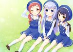  :d ;d bag black_hair blue_eyes blue_hair blue_hat blush brown_eyes brown_hair fang girl_sandwich gochuumon_wa_usagi_desu_ka? hand_on_headwear hat jouga_maya kafuu_chino kafuu_chino's_school_uniform kneehighs loafers long_hair looking_at_viewer mirei multiple_girls natsu_megumi one_eye_closed open_mouth sandwiched school_bag school_uniform shoes short_hair single_stripe sitting smile twintails white_legwear yellow_eyes 